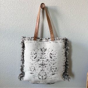Panache Boho Woven Front Fringe Tote Bag with Leather Straps